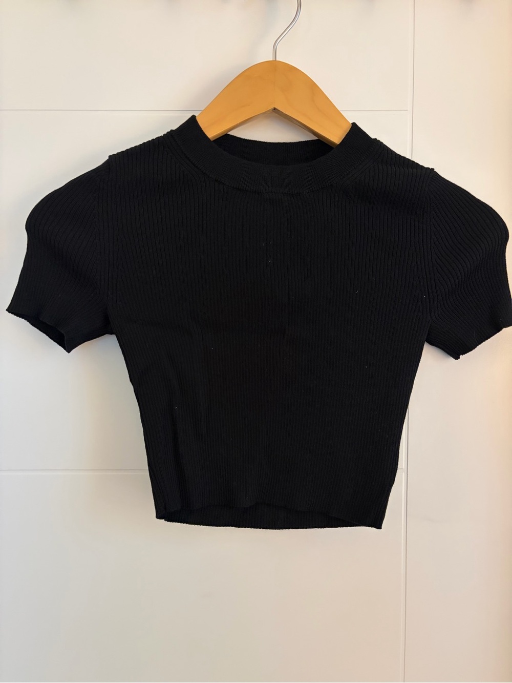 Olivaceous Black Ribbed Crewneck Crop Top